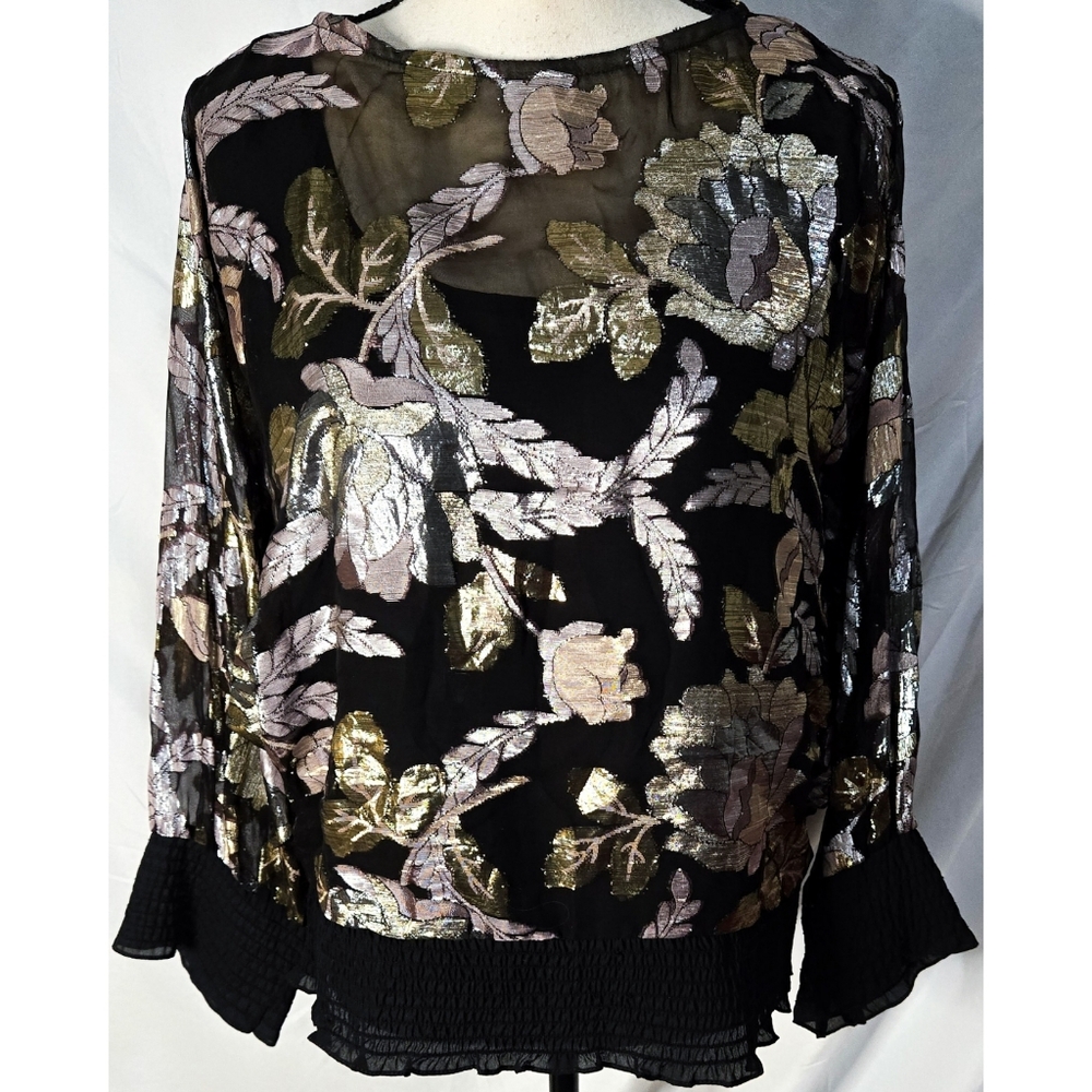 Vintage 80s Gold Metallic Floral Blouse Shirt Black Dolman Sleeve Disco Dramatic